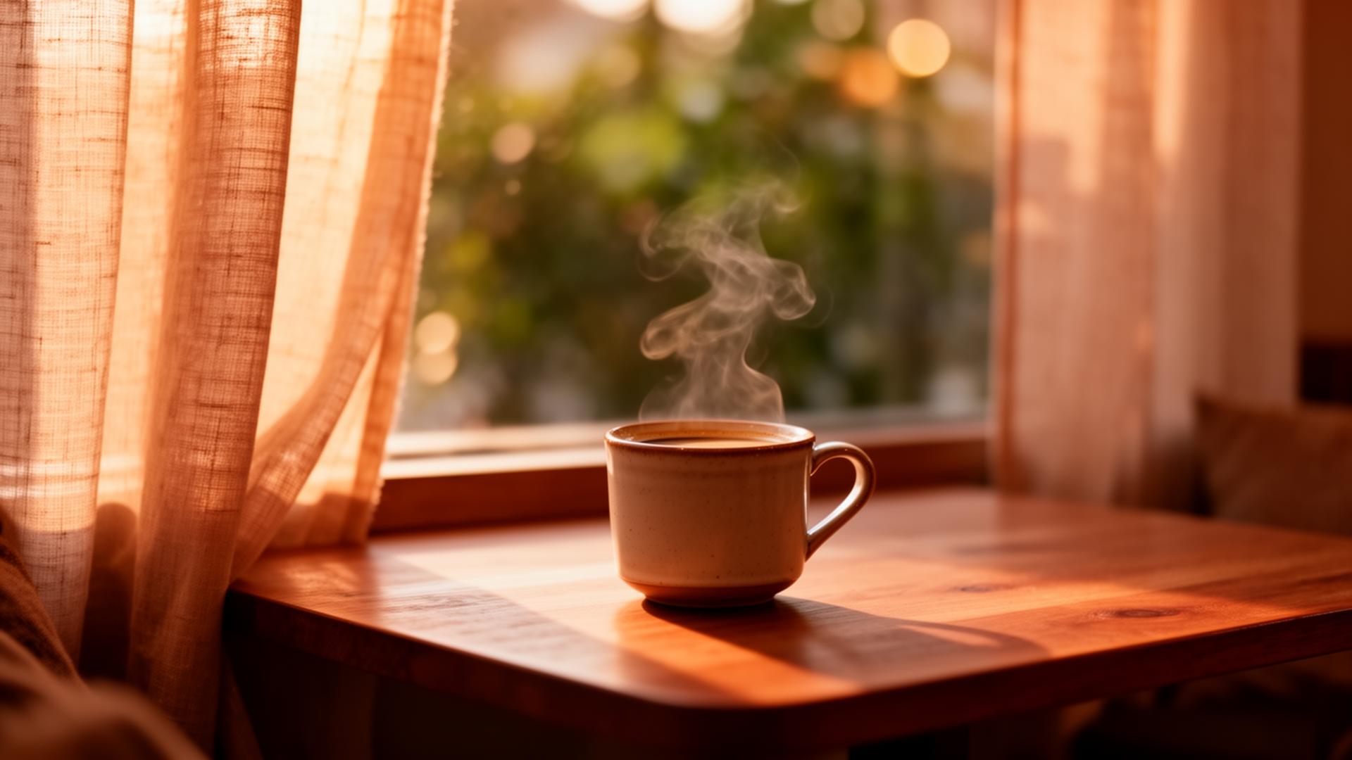 A quiet, sunlit window seat with a warm cup of coffee